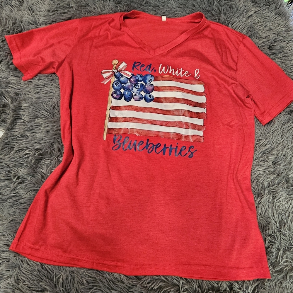 Red White And Blueberries Vneck Shirt with Flag Design - Medium